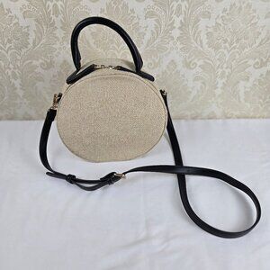 Moda Luxe Round Crossbody Bag w/ Top Handle Cream Cotton Black Faux Leather